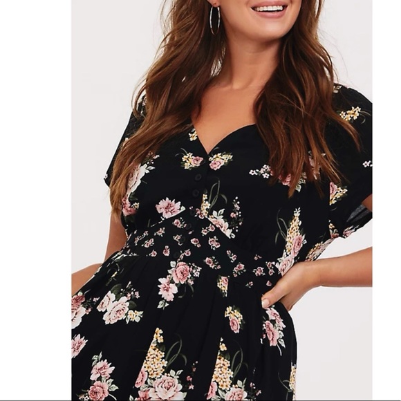 BLACK FLORAL MIXED PRINT BUTTON-DOWN MIDI DRESS - Picture 2 of 8